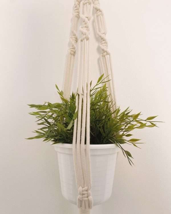 Pormenor do vaso branco com planta seguro pelos cordões do suporte Herbal